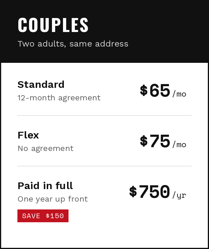 Couples membership pricing: Standard $65 per month, Flex $75 per month, or Paid in Full $750 per year with $150 savings.