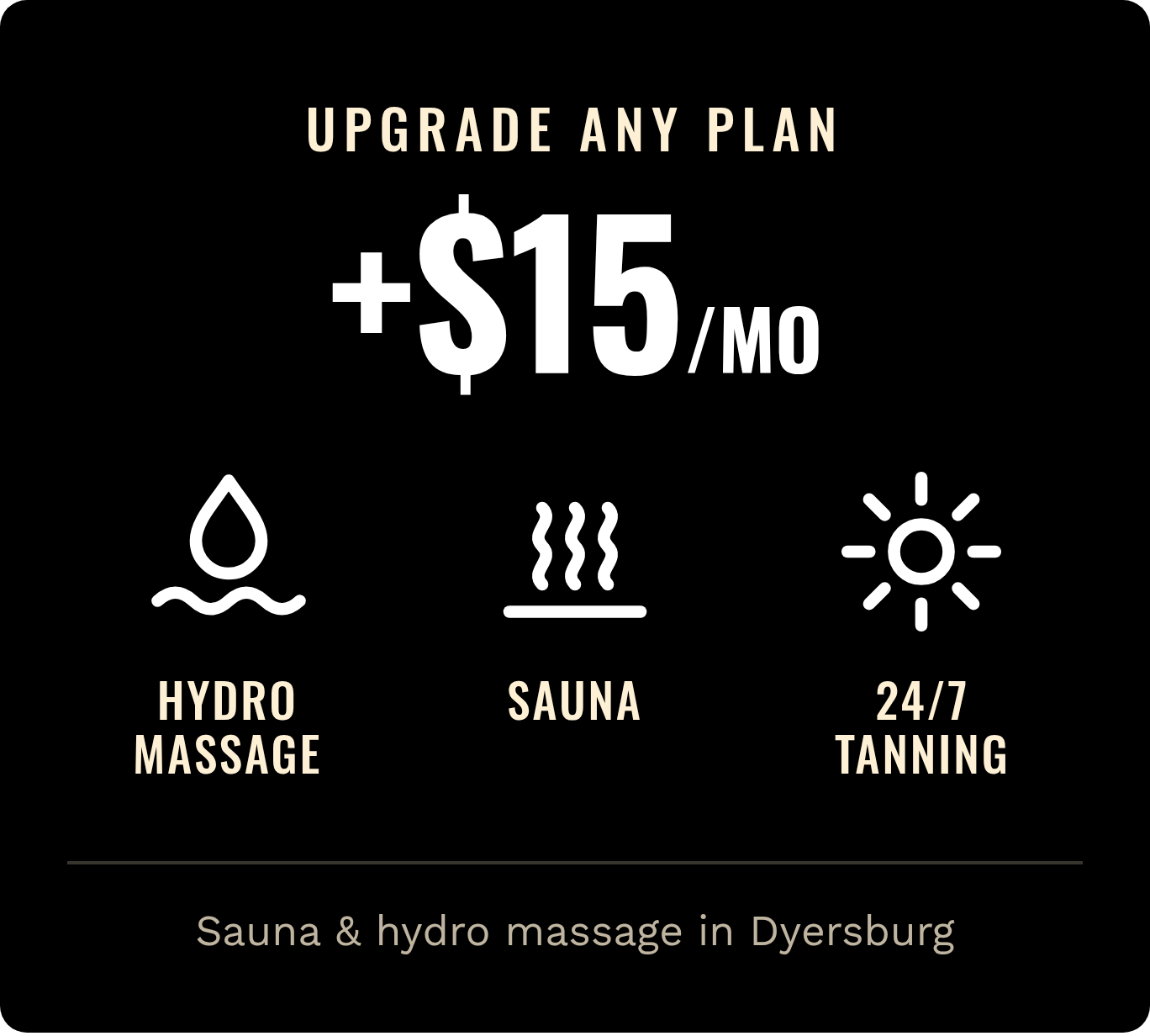 Black promotional graphic advertising plan upgrades for $15 per month, including hydro massage, sauna, and 24/7 tanning in Dyersburg.