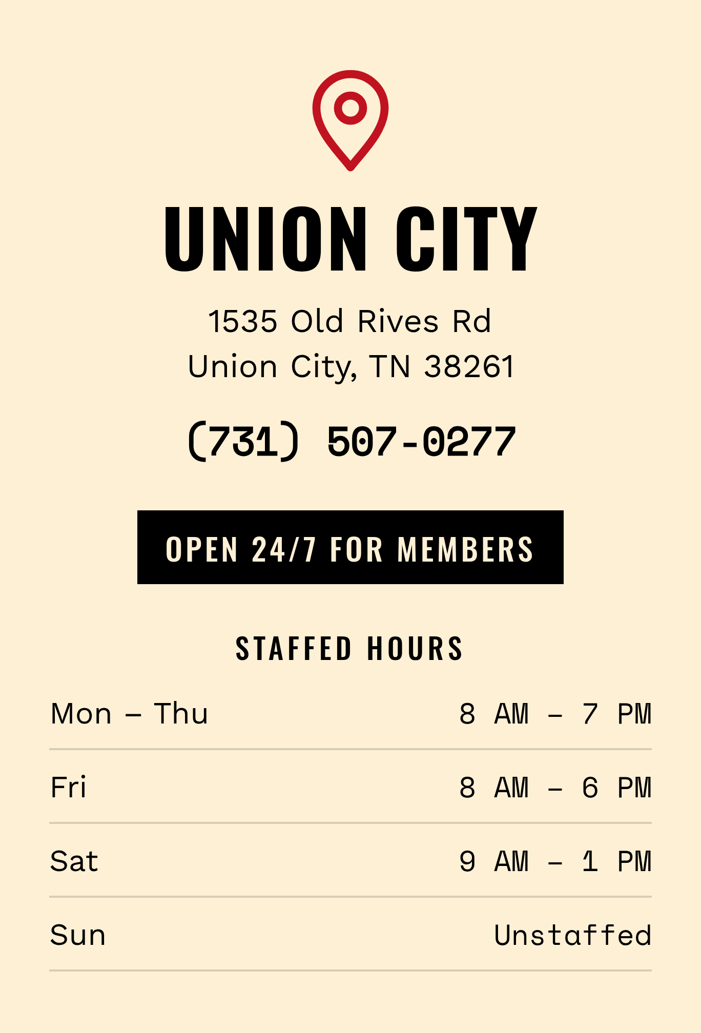 Union City gym location sign with address, phone number, 24/7 member access, and staffed hours