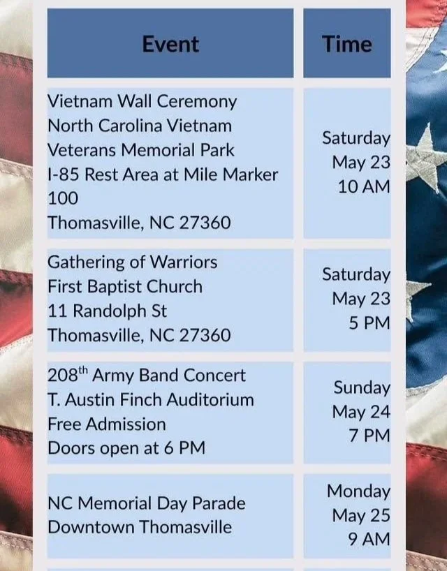 Schedule of Memorial Day events in Thomasville, NC, including Vietnam Wall Ceremony, gathering of warriors, Army Band Concert, and Memorial Day Parade.