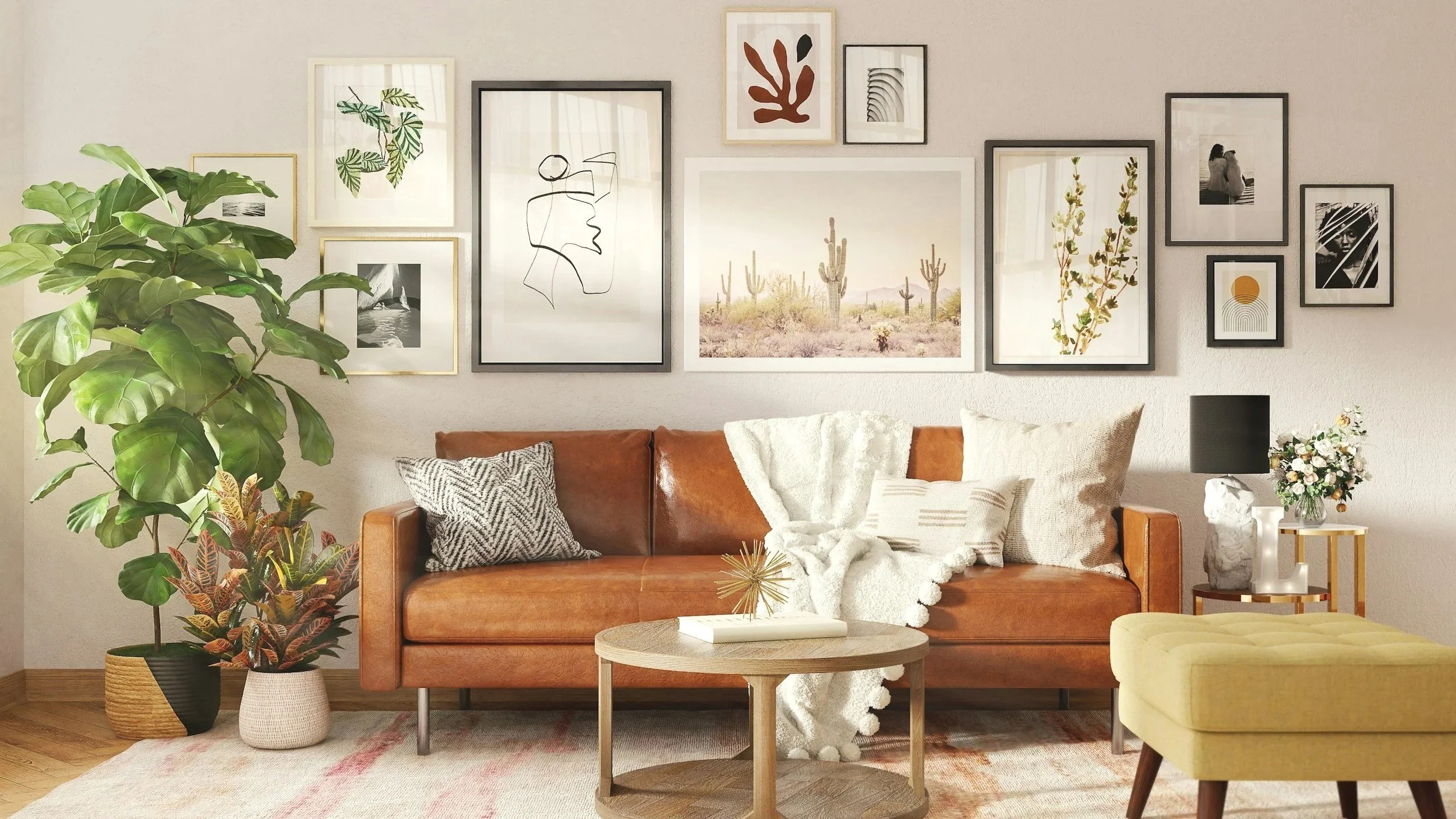 Living room with brown leather sofa, yellow ottoman, and various plants. Wall decorated with framed art, desert landscape and abstract images. Side table with lamp and flower vase.