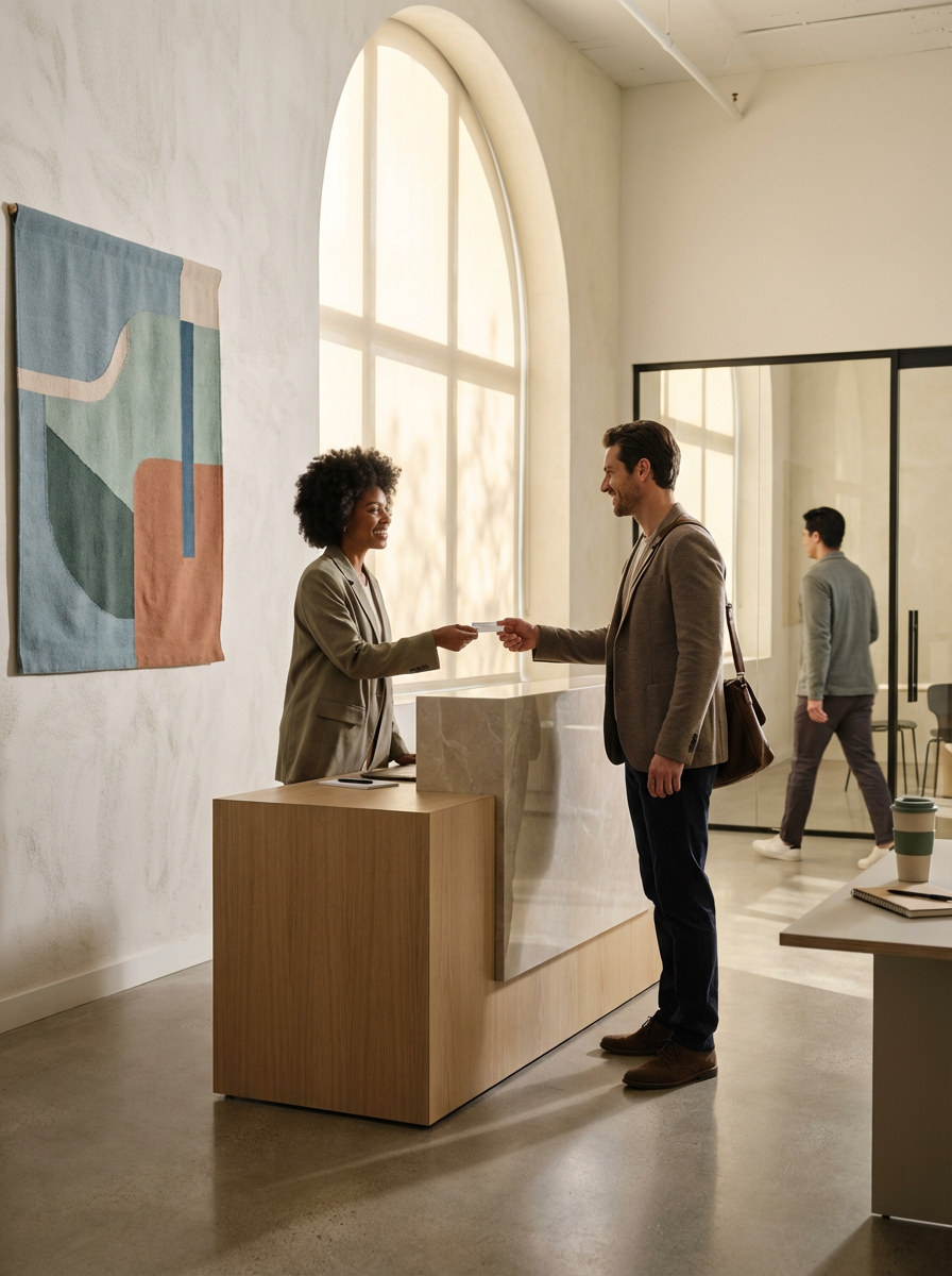A man at a reception desk receiving a card from a smiling woman inside a modern office space with large arched windows and abstract wall art.
