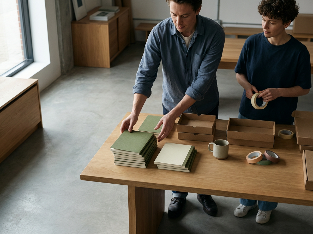 Two people standing at a wooden table organizing stacks of notebooks and packing supplies like masking tape and boxes in a well-lit room with large windows.