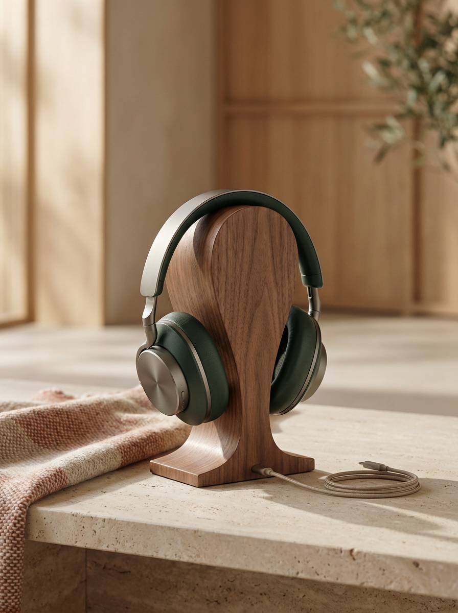Wireless over-ear headphones on a wooden stand on a light-colored table with a textured cloth, in a room with wooden furniture and decor.