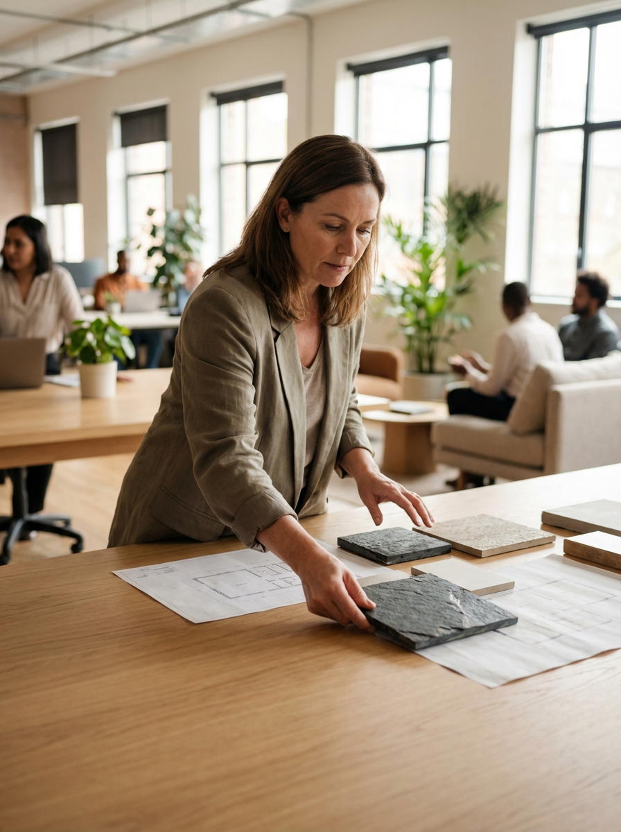 A woman in a beige blazer examines stone samples on a wooden table in a modern office space with large windows and plants, with people working in the background.