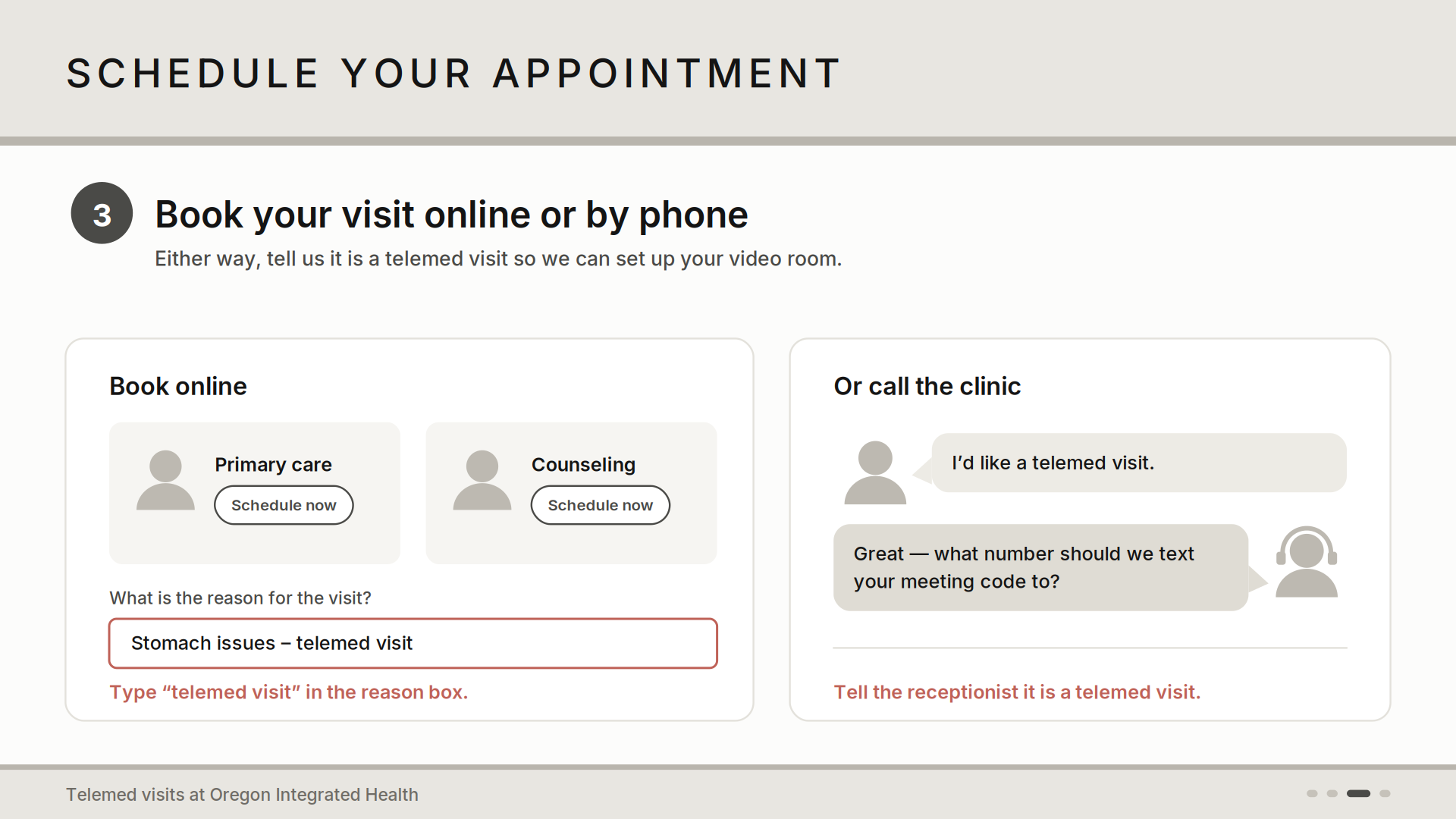 Screenshot of a webpage for scheduling a medical appointment, showing options for booking online or by phone, with icons and text.