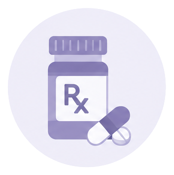Prescription medication bottle with pills in front of it, on a white background.
