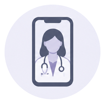 Illustration of a female healthcare professional on a smartphone screen, wearing a lab coat and stethoscope.
