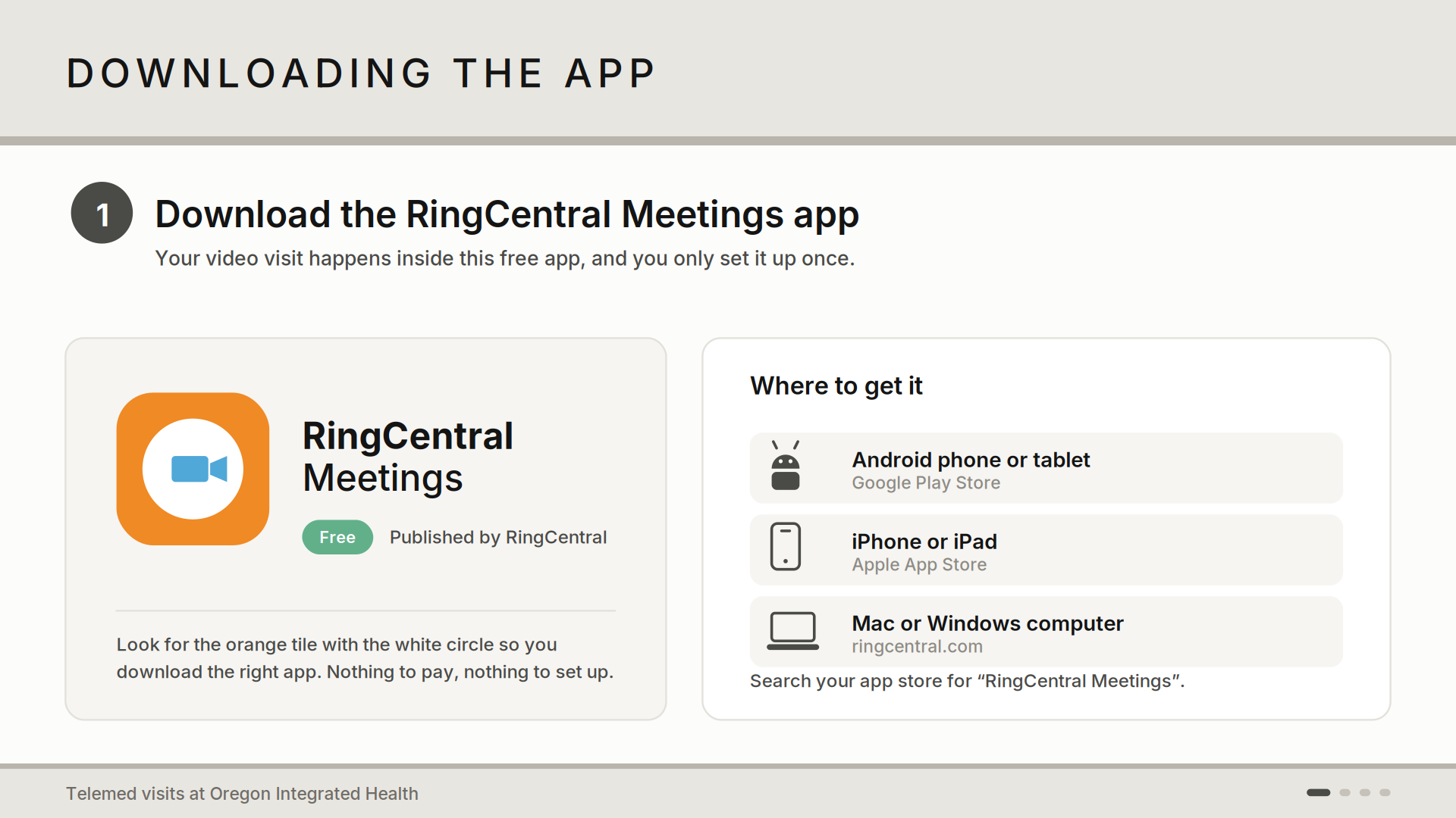 A digital screenshot showing instructions for downloading the RingCentral Meetings app on various devices, including Android, iPhone, iPad, Mac, and Windows computer.