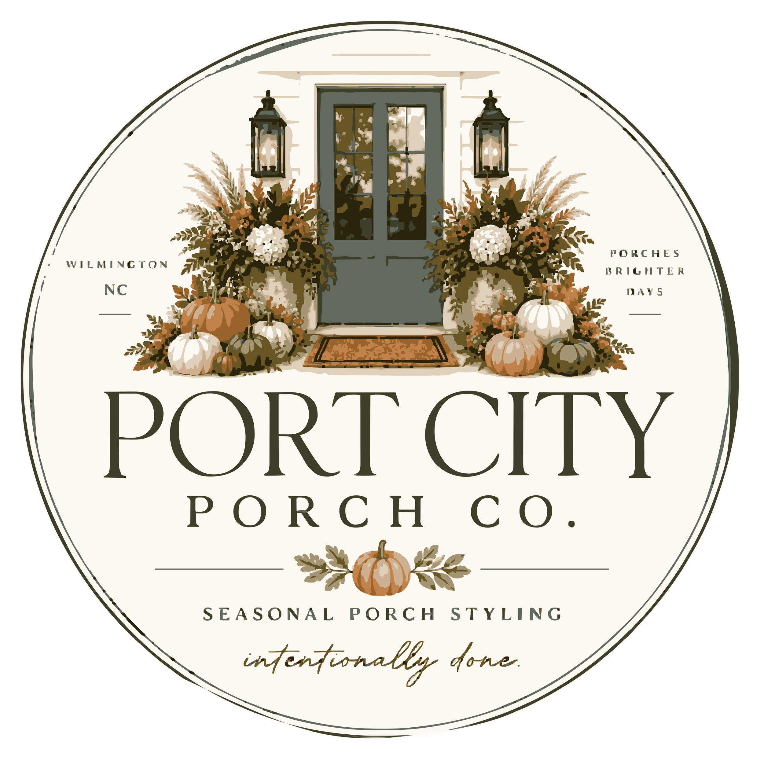 A circular logo featuring a front door with glass panels, surrounded by autumnal fall decorations including pumpkins and flowers. The text on the logo reads 'WILMINGTON NC PORT CITY PORCH CO' and includes phrases 'SEASONAL PORCH STYLING' and 'authentically done'.