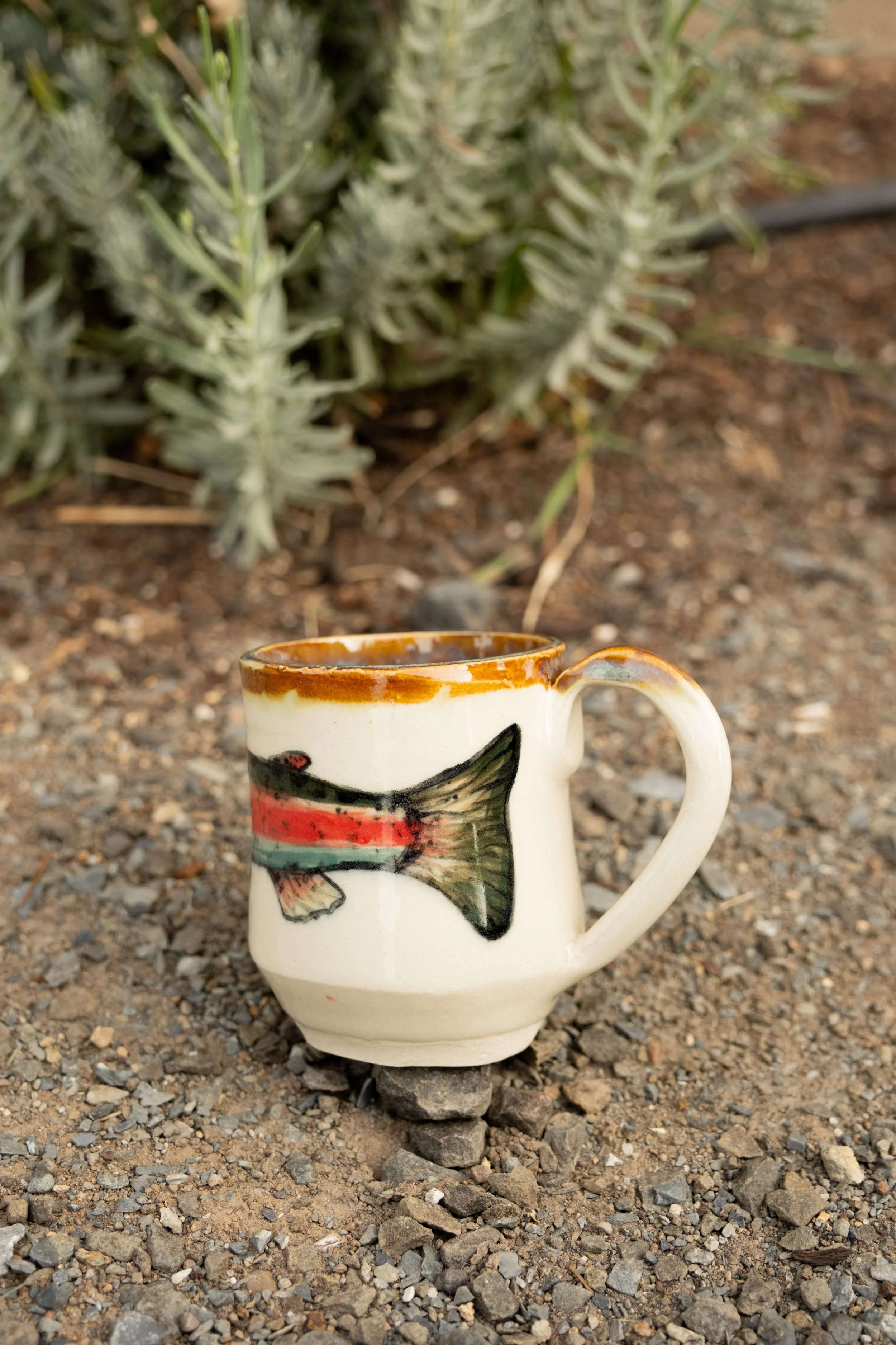 A ceramic mug with fish artwork is placed on a small pile of stones on gravel, with a green, bushy plant in the background.