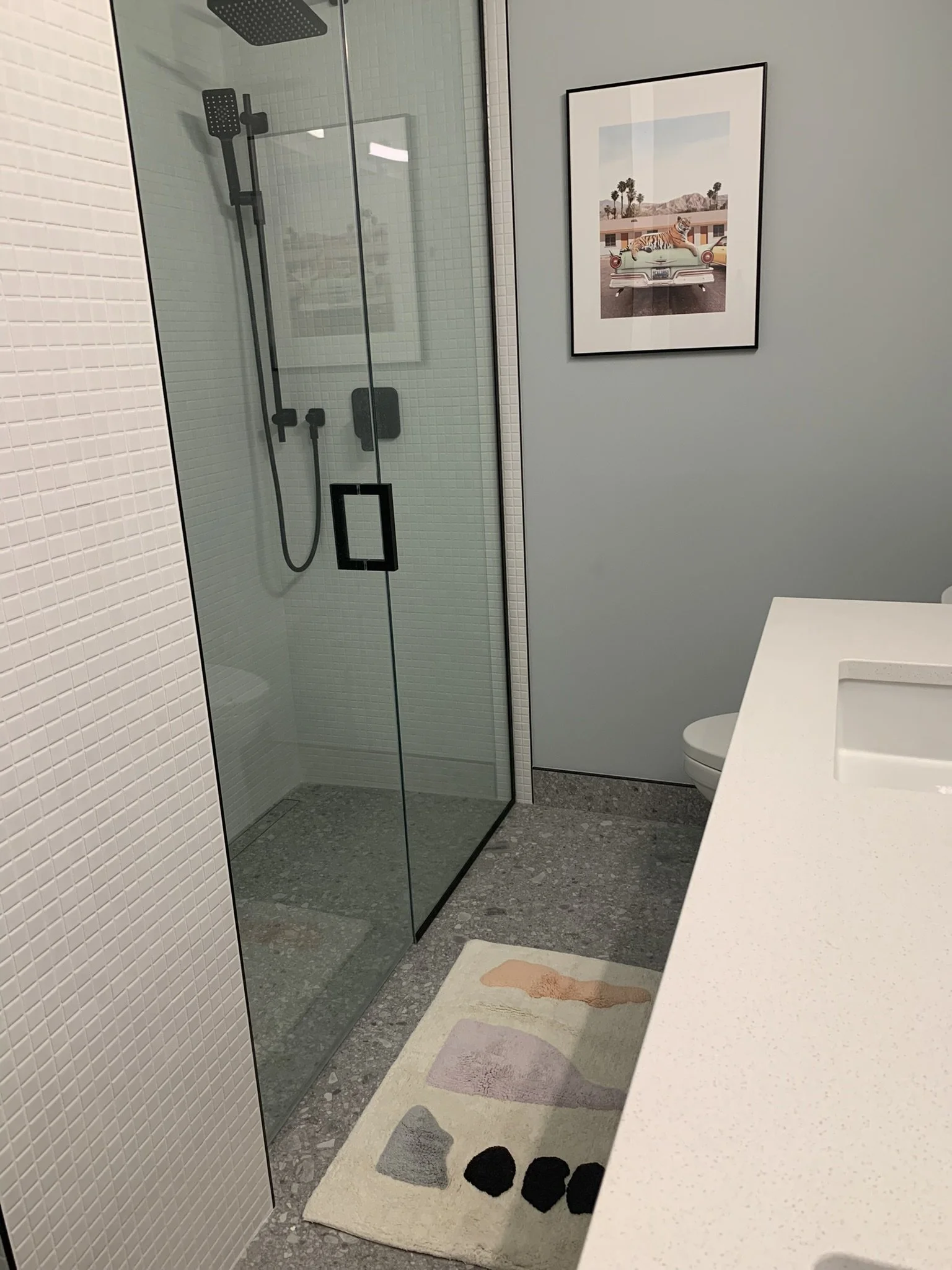 A bathroom with a shower enclosed by a glass door, a white countertop, a toilet, and a framed picture of a tiger lying on a vintage car. There is a multi-colored rug on the floor.