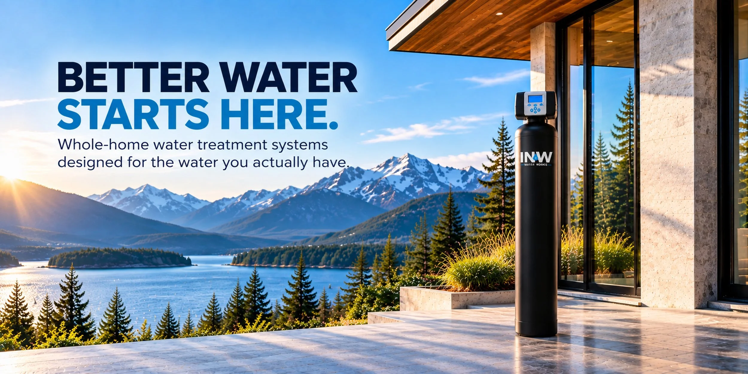 A promotional banner for whole-home water treatment systems featuring a modern house with large glass windows, a water softener unit, and a scenic mountain lake landscape with snow-capped peaks and evergreen trees at sunrise.
