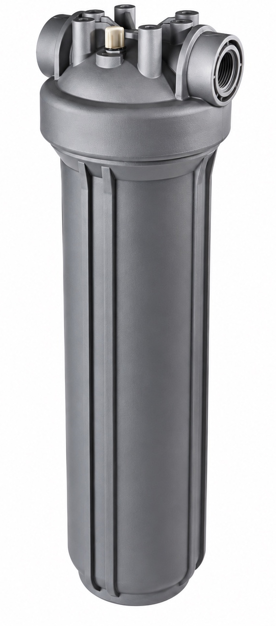 A cylindrical water filter housing with a gray plastic body and a multi-port top for connecting water lines.