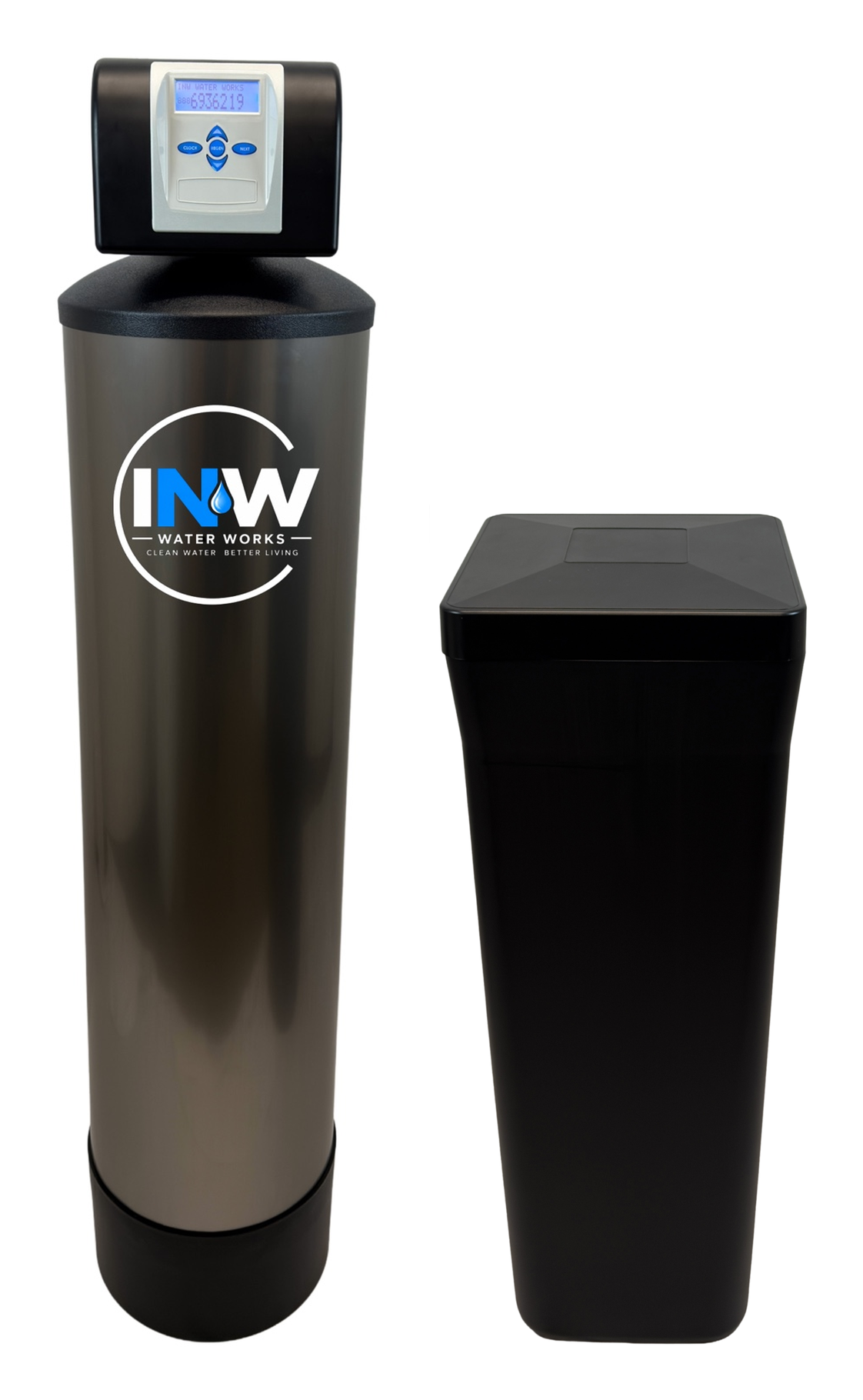 Water softener system with a tall, cylindrical metallic tank and a control head on top, along with a black rectangular brine tank, both branded with Water Works logo.