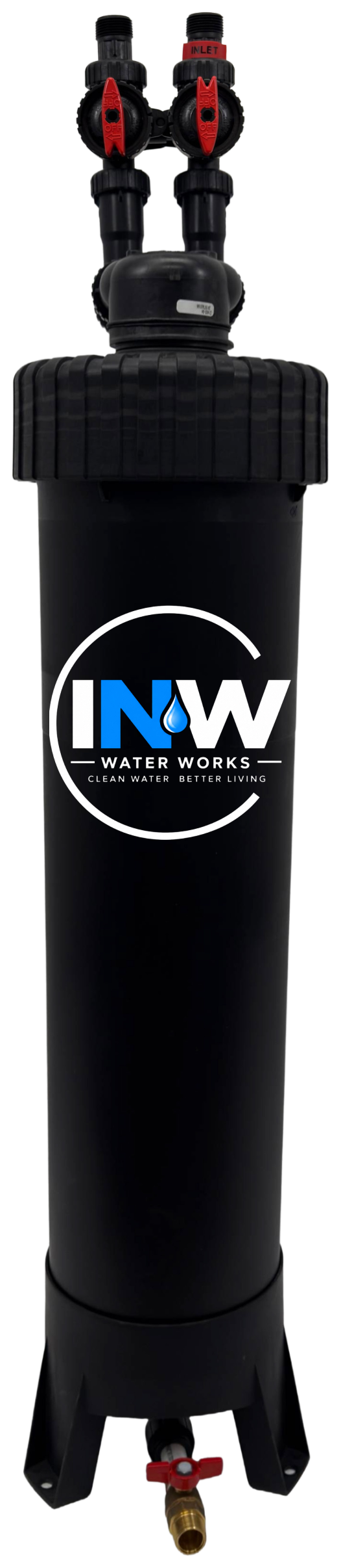 A black water filtration system with a logo that reads 'INW Water Works' and the slogan 'Clean Water Better Living,' featuring two red and black valve controls at the top.