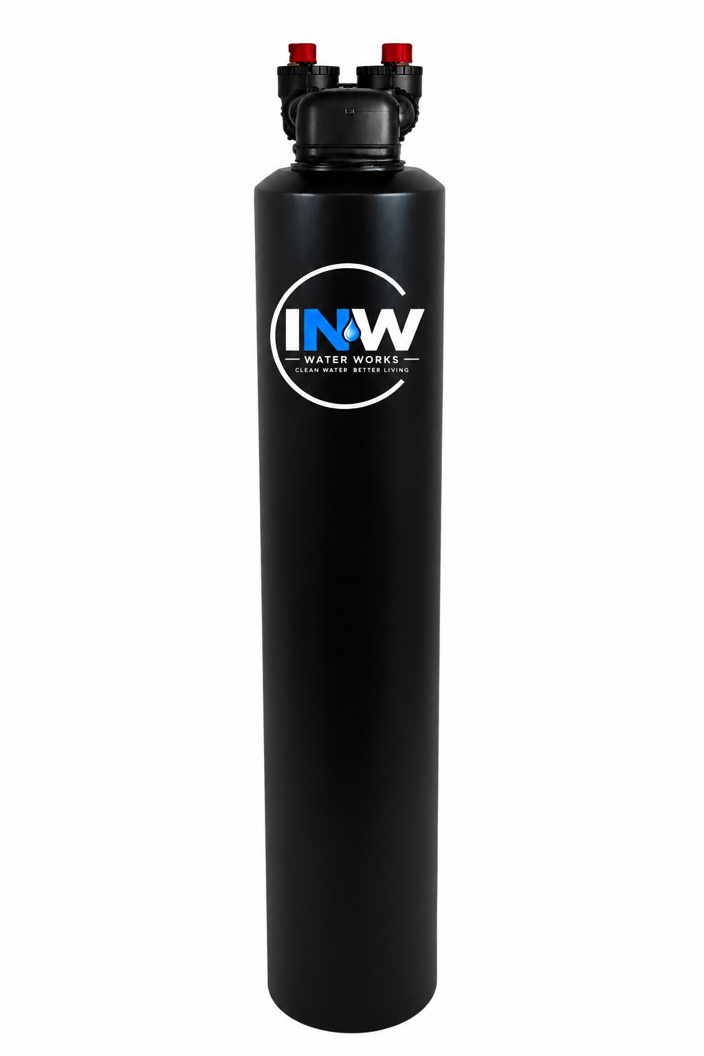 A black water filter tank with the logo 'Water Works' and the letters 'INW' in blue and white, featuring a water droplet inside the letter 'N'.