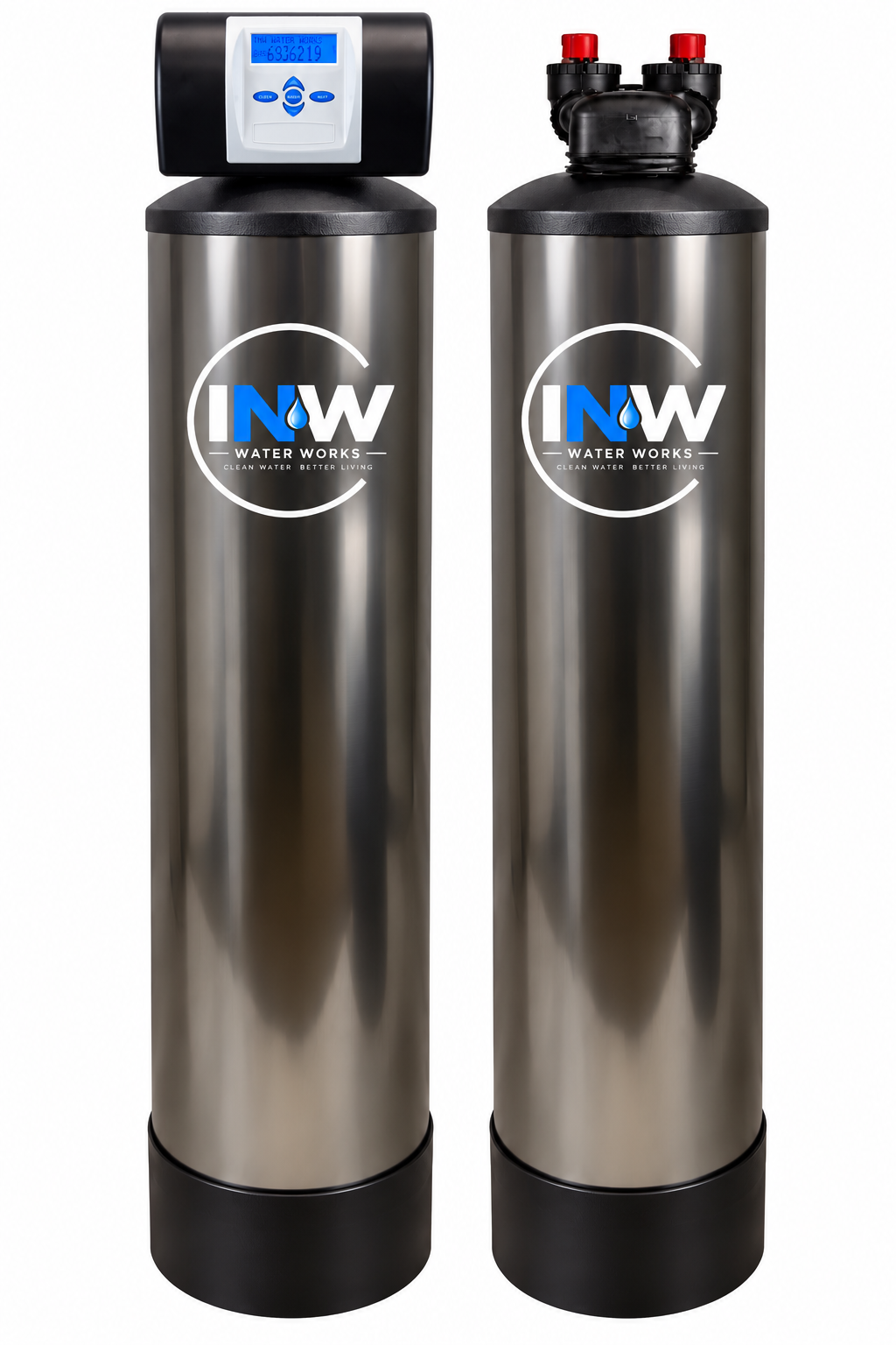 Two stainless steel water filtration tanks with black tops and a digital control panel on the left tank, branded with 'INW Water Works' logo and slogan.