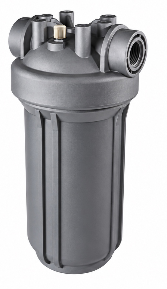 A large, gray water filter housing with multiple port connections at the top, designed for housing filter cartridges in water purification systems.