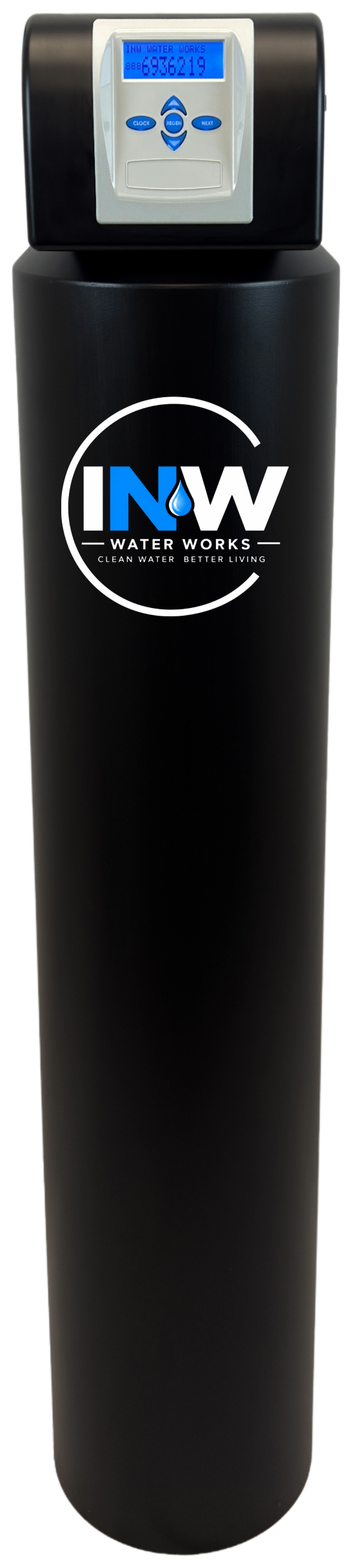 A black water filtration or softening unit with a digital display at the top, showing the text "INW Water Works," with a water droplet logo, and the slogan "Clean Water Better Living."