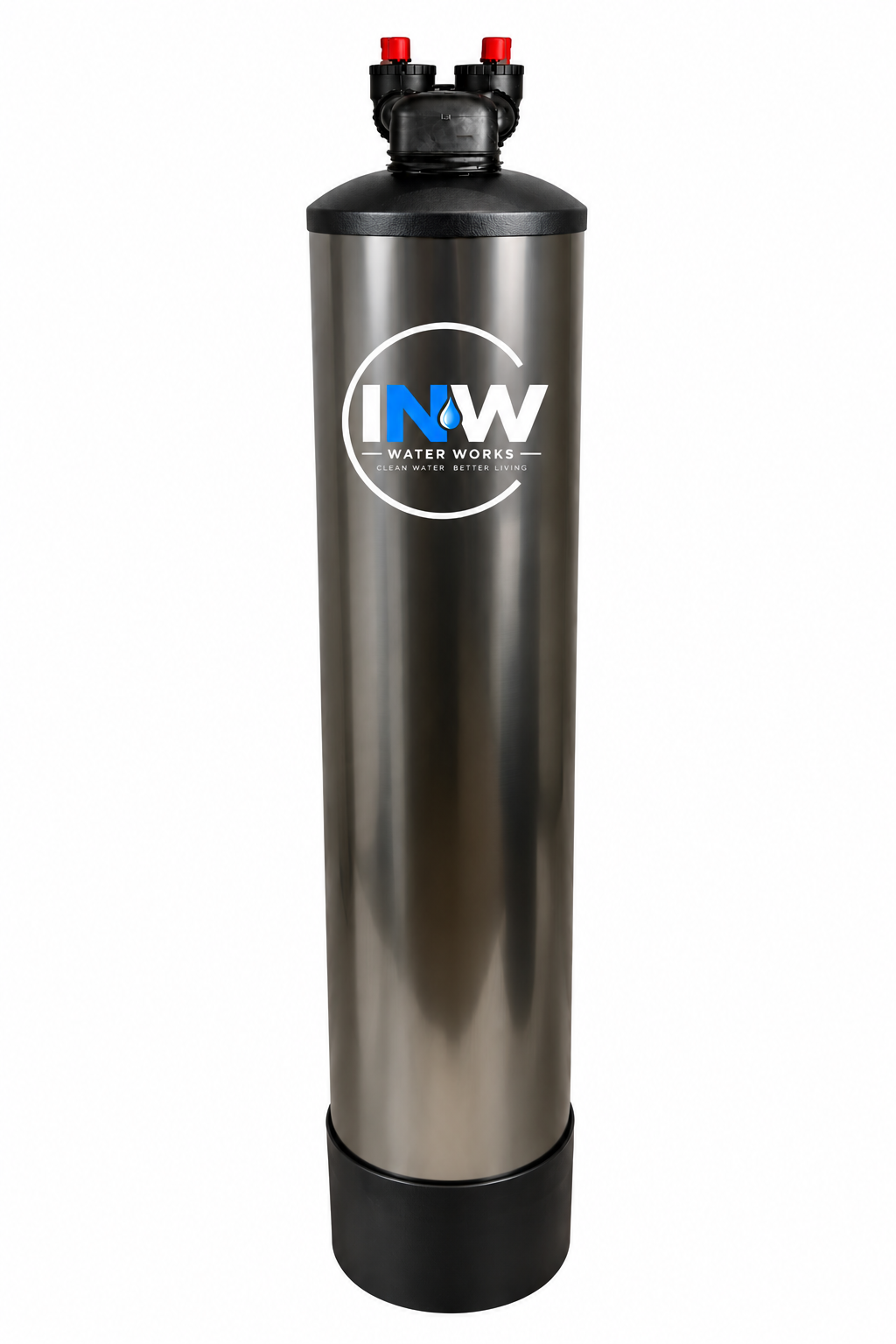 A water filtration tank with the logo "INOW Water Works" on the front, standing on a white background.