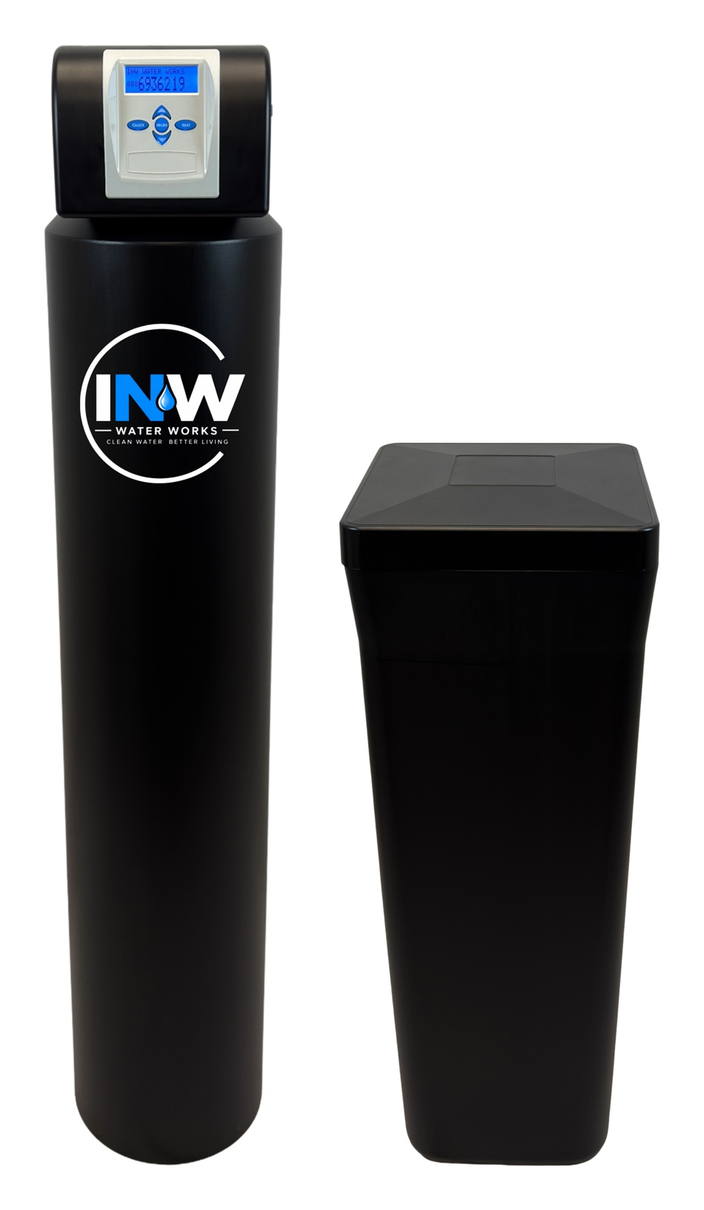 A water softener system with a black cylindrical tank labeled 'INW Water Works' next to a black rectangular brine tank.