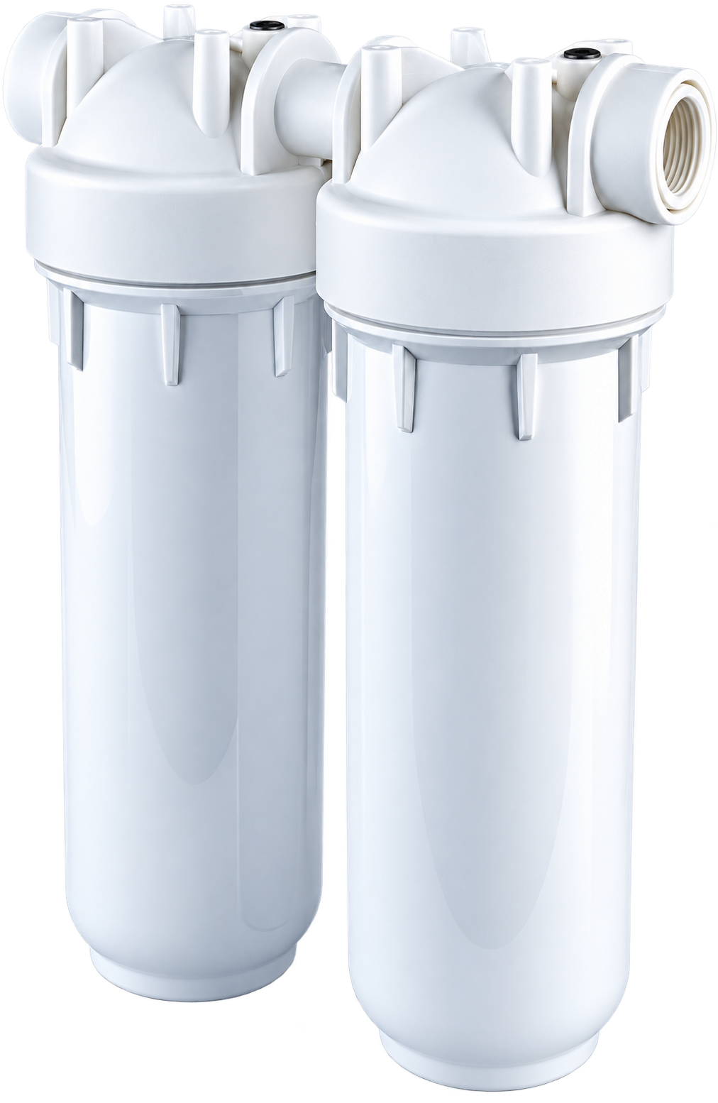Two white water filter housings with connected pipes, designed for water filtration systems.