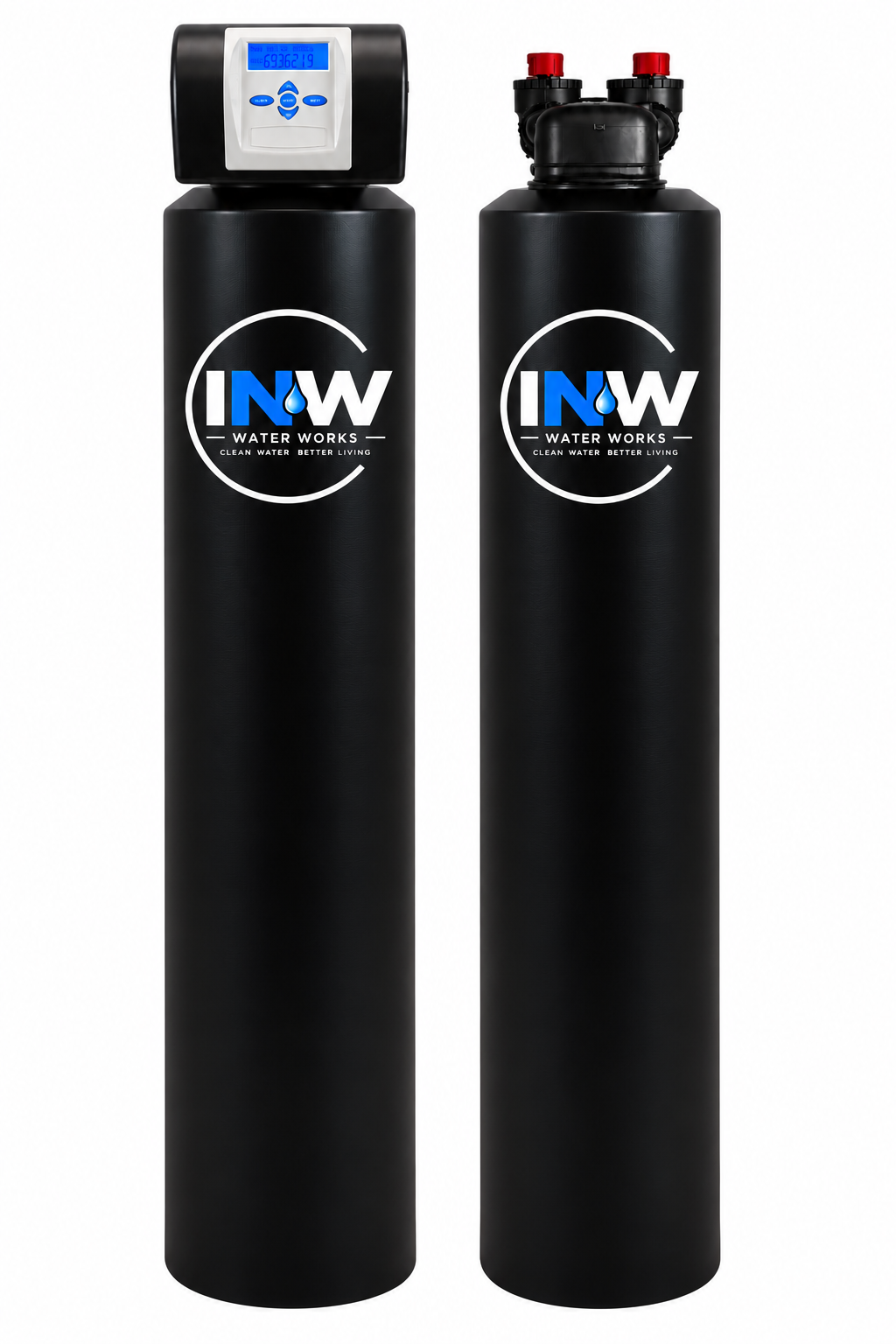 Two black water filtration tanks with the logo 'INW Water Works' and the slogan 'Clean Water Better Living'; one tank has a control head with a digital display and buttons, the other has a valve system.