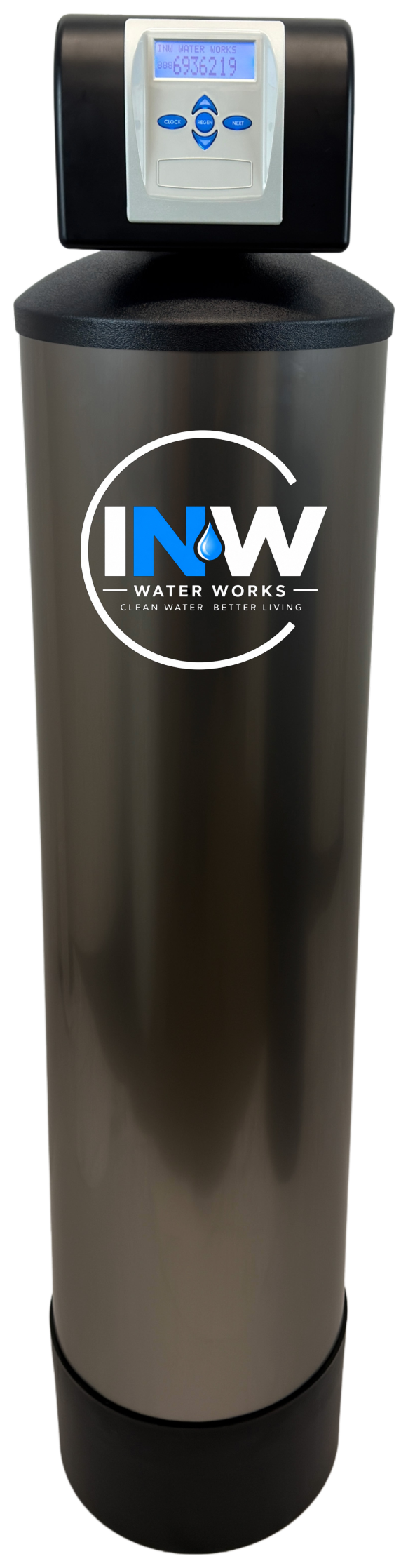 A water softener with a digital display screen on top showing some numbers. The water softener has a logo that reads 'INW Water Works' with a water drop icon and the slogan 'Clean Water Better Living'.