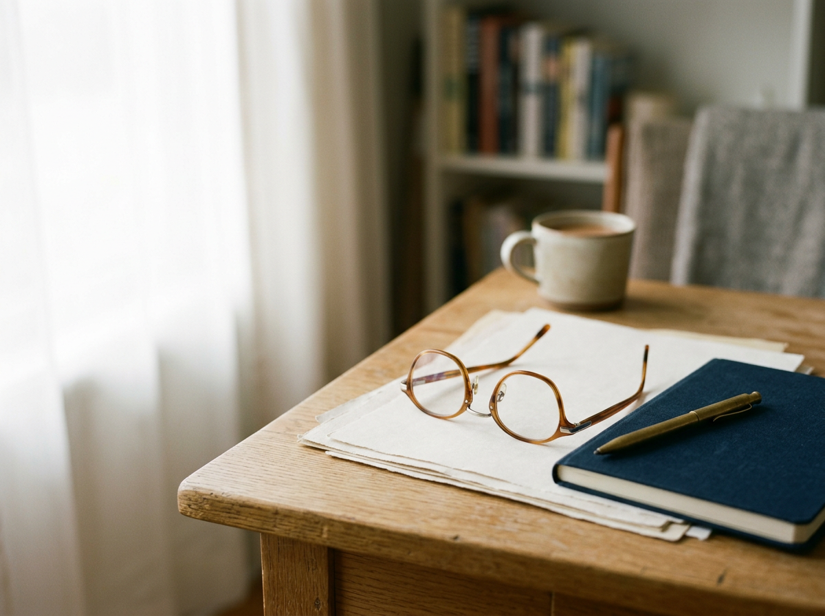 A wooden table with a pair of reading glasses, a blue notebook, a pen, some papers, and a mug of coffee, with a bookshelf and beige chairs in the background.