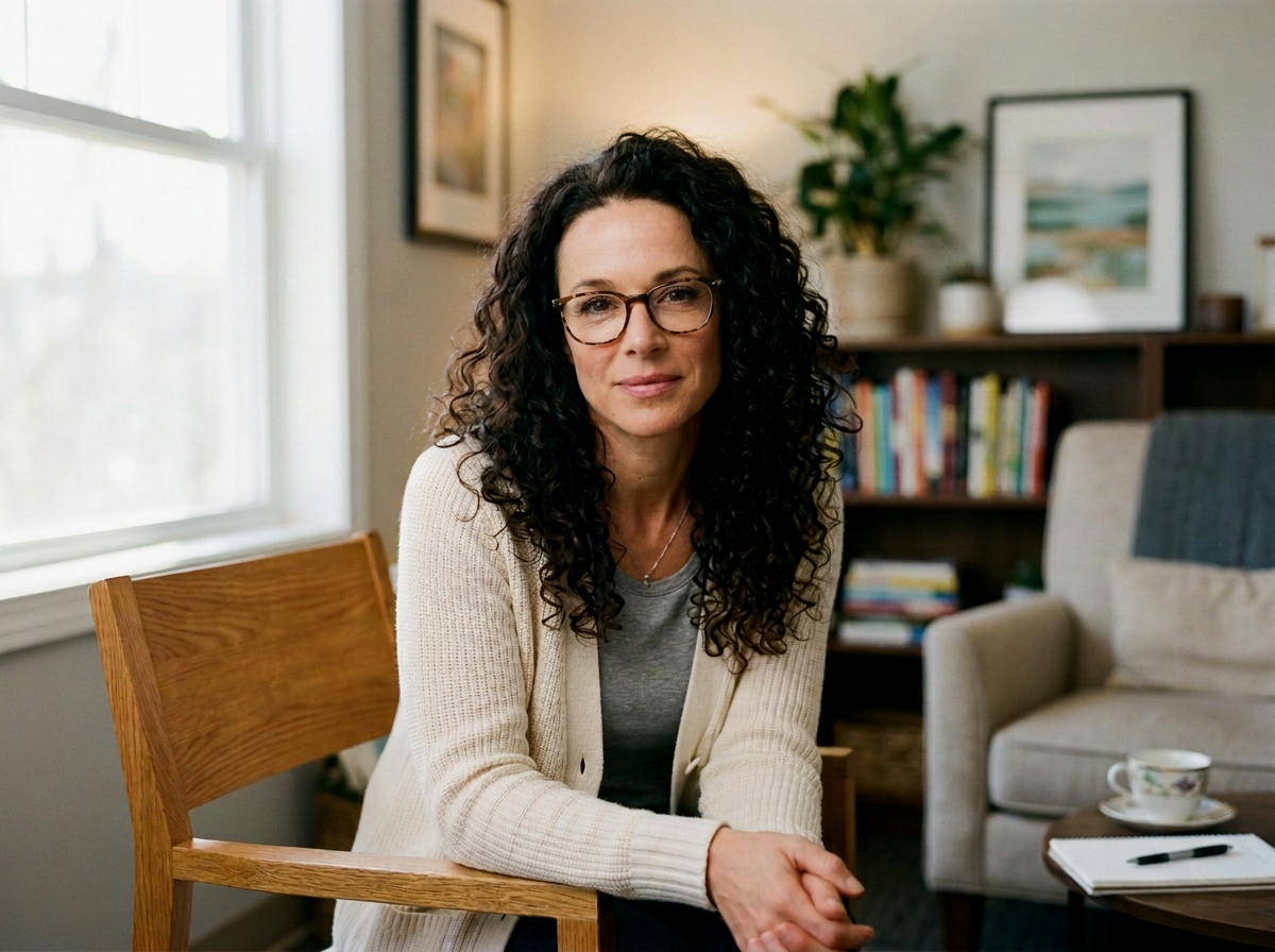 A woman with curly dark hair, glasses, and a neutral expression sits at a wooden table in a cozy room with books, artwork, and a teacup.