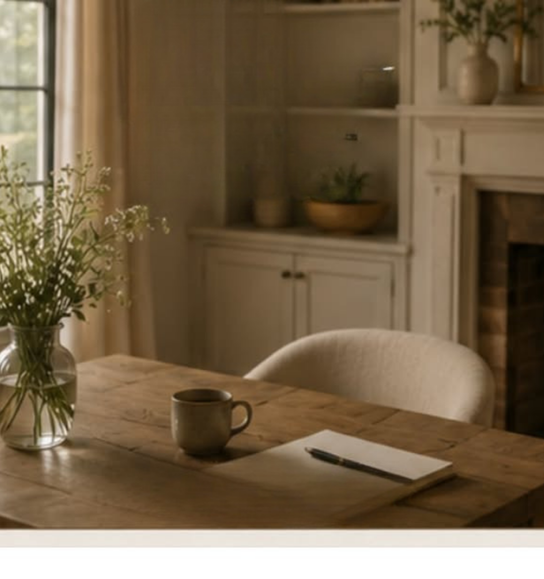 A cozy dining room with a wooden table, a ceramic mug, a notepad with a pen, a glass vase with flowers, a white upholstered chair, and a white built-in bookshelf with decorative items near a window bringing natural light.