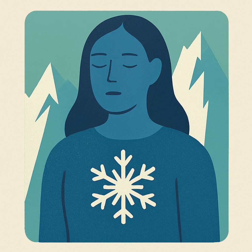 An illustration of a woman with long dark hair and closed eyes, wearing a sweater with a snowflake on it. In the background, there are stylized mountain peaks.