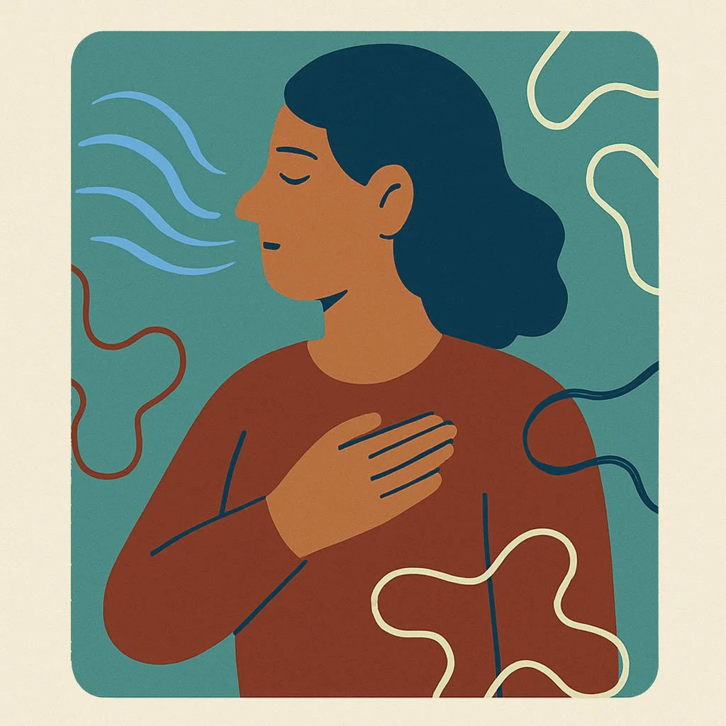 Illustration of a woman with dark hair and a brown shirt, placing her hand on her chest with eyes closed, surrounded by colorful abstract shapes and lines.