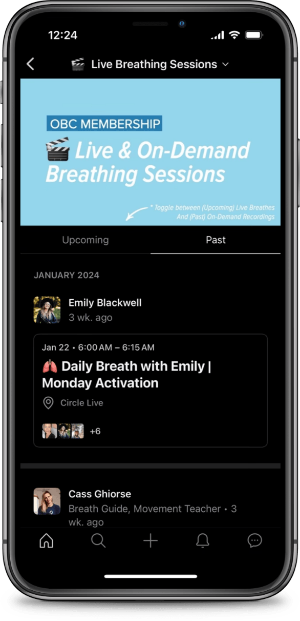 Screenshot of a mobile app interface showing upcoming and past live breathing sessions, including details of session names, dates, times, and facilitators.