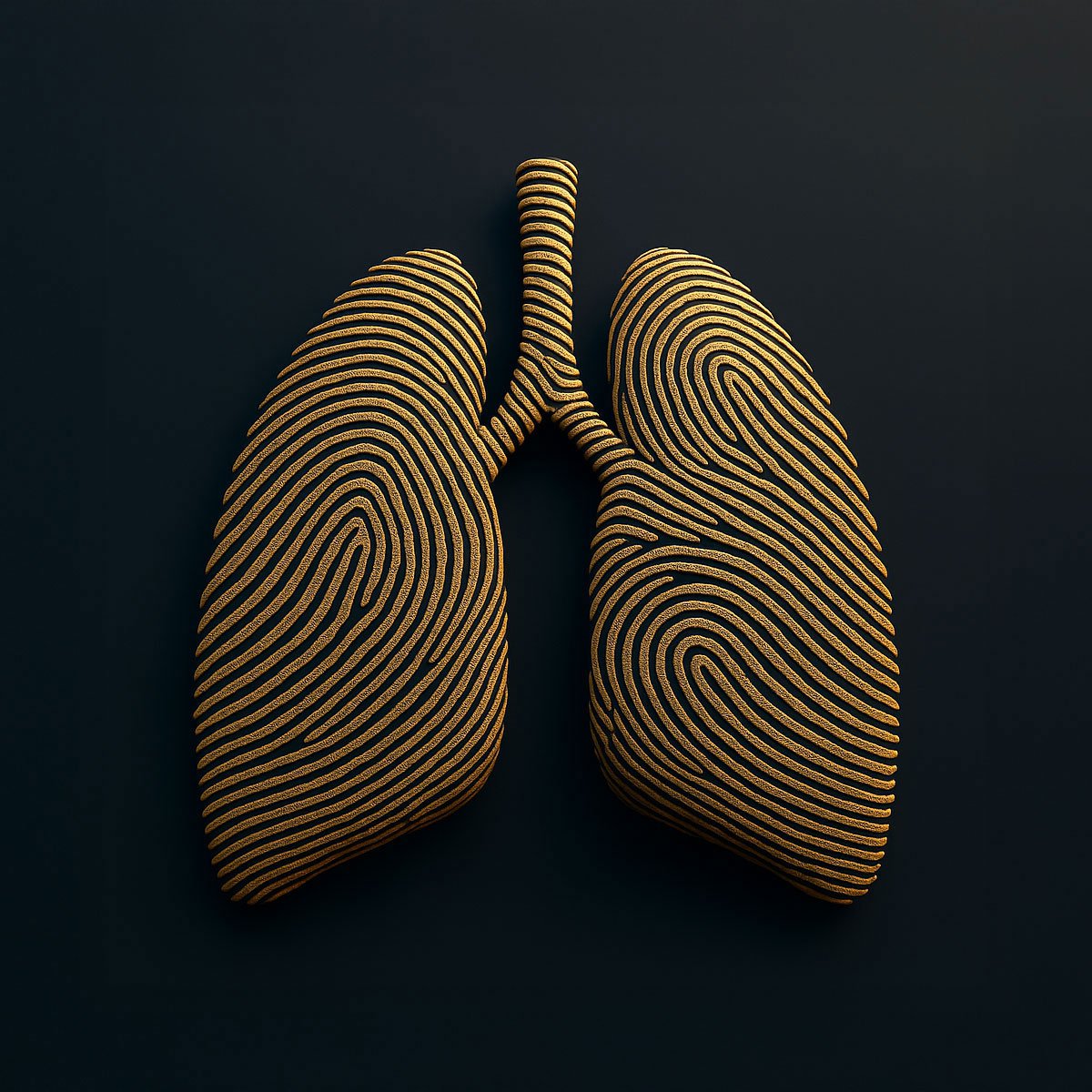 Artistic representation of human lungs depicted as black and gold fingerprint patterns on a dark background.