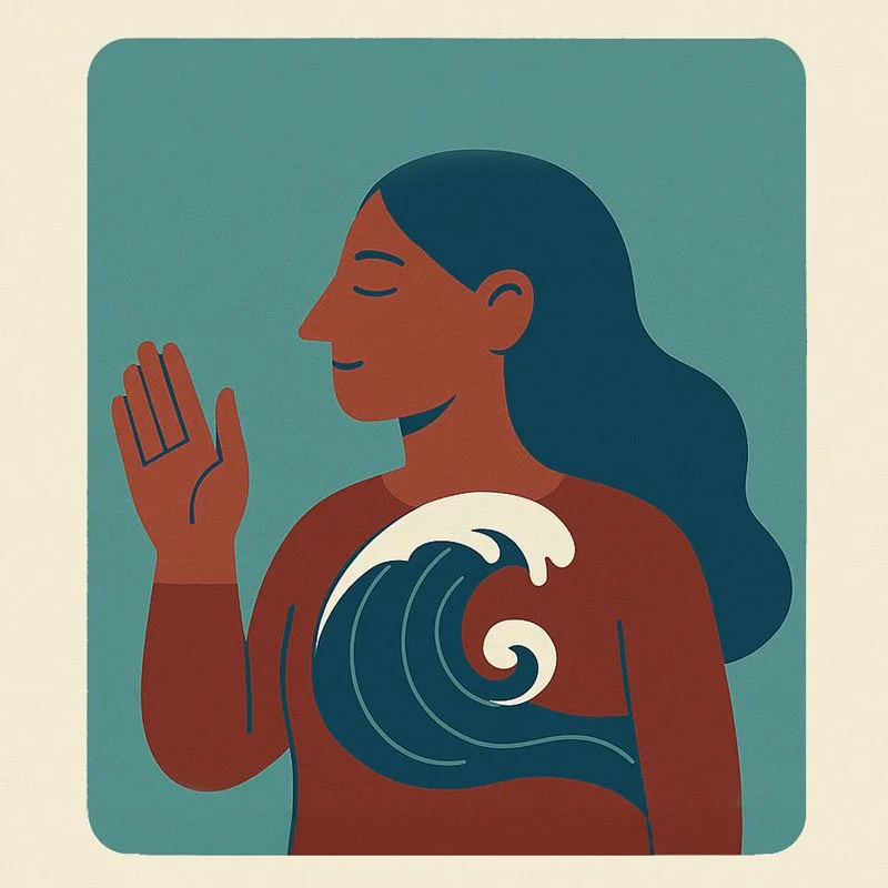 Illustration of a woman with long blue hair and brown skin, smiling with her eyes closed, raising her hand in a gesture of stop or calm, and a stylized wave design on her chest representing the ocean.