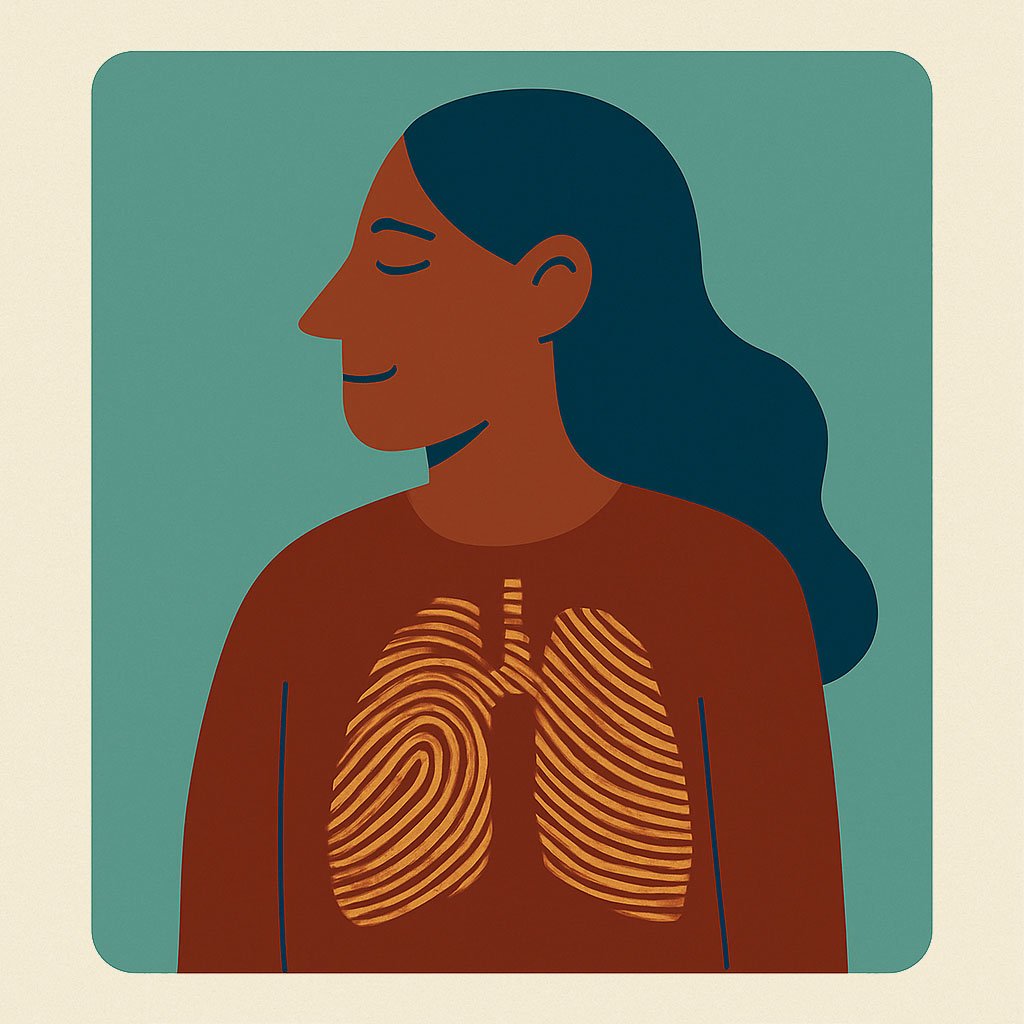 A stylized digital illustration of a woman with long blue hair, looking to the side with a slight smile, showing her chest with expanded lungs depicted as fingerprint-like patterns.