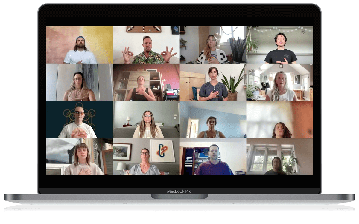 A group of people participating in a virtual meeting displayed on a laptop screen with 16 different video call windows.