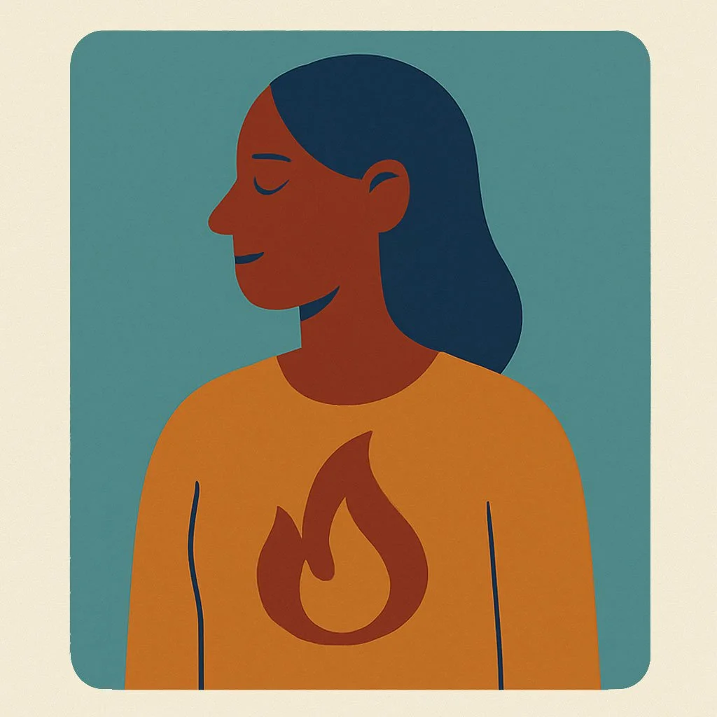 An illustration of a woman with closed eyes, dark hair, and a closed-mouth smile, wearing a yellow top with a fire symbol on her chest against a teal background.