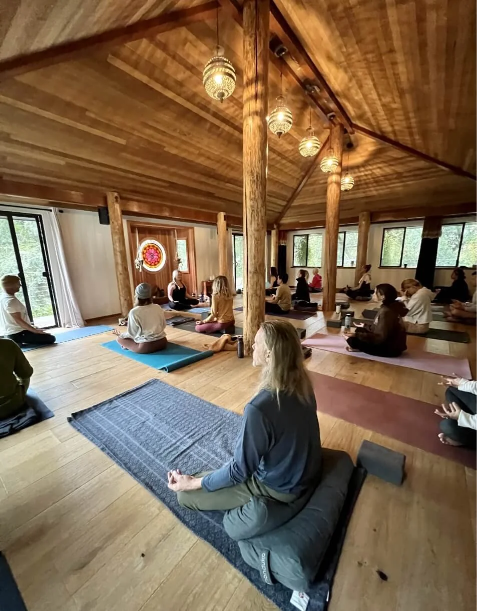 Group seated in meditation in a wooden studio