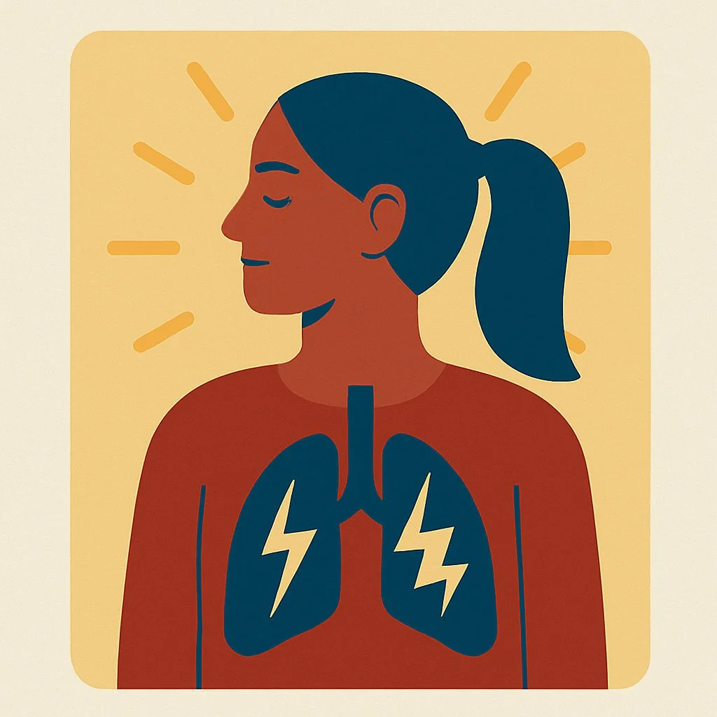 Illustration of a woman with closed eyes and a ponytail, showing lungs with lightning bolts inside, symbolizing breathing difficulty or lung health.