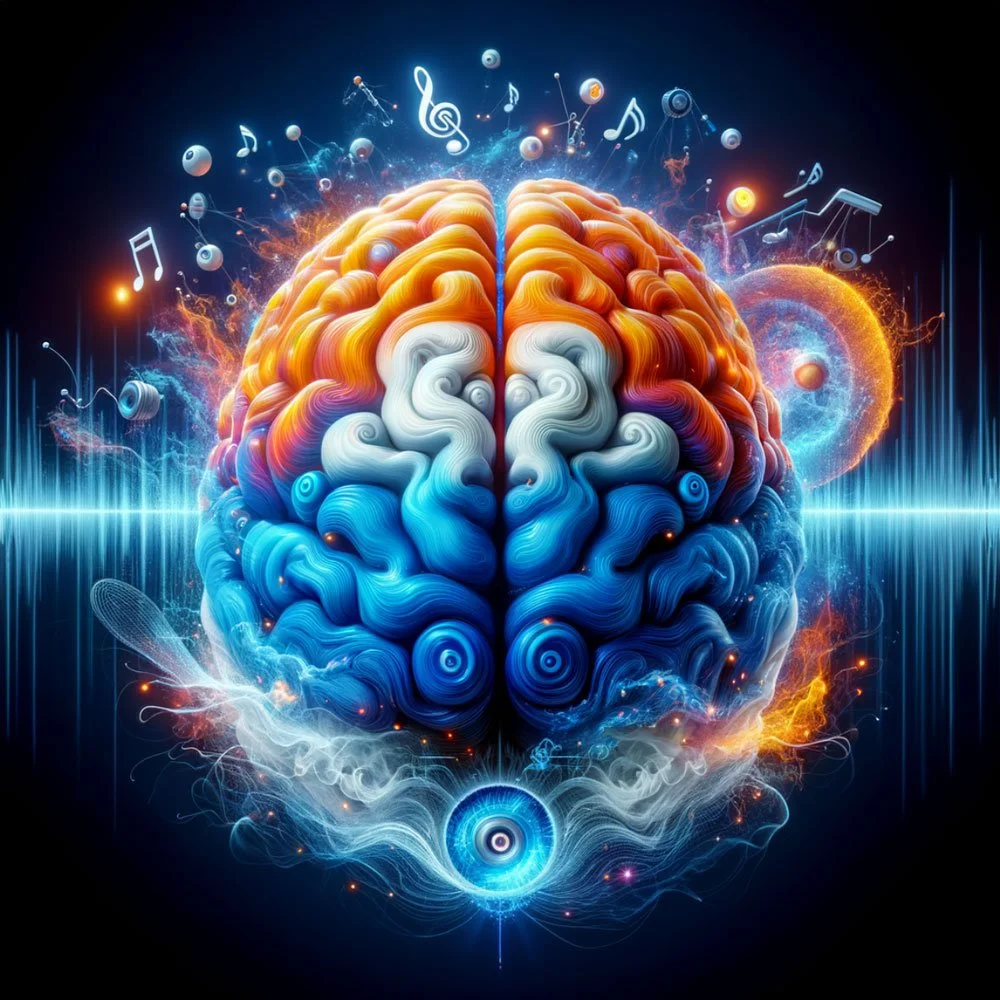 A colorful digital illustration of a human brain with abstract musical notes, light bursts, and patterns surrounding it, representing creativity and neural activity.