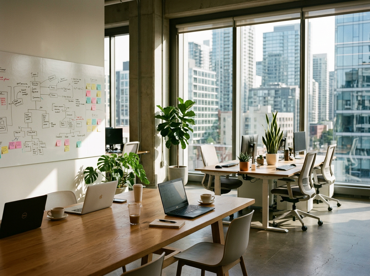 Modern office space with large windows, multiple desks with laptops and office supplies, potted plants, and a whiteboard with colorful sticky notes and diagrams.