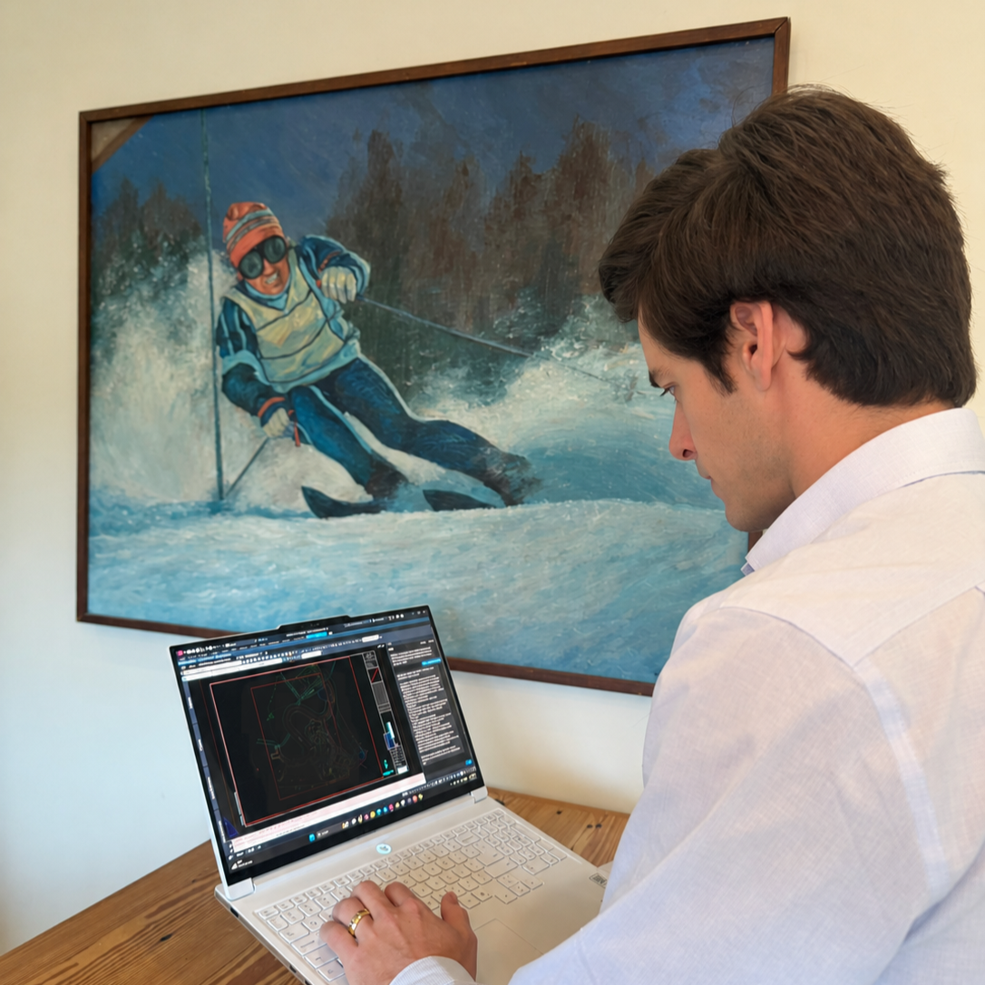 A man with dark hair wearing a white shirt sitting at a wooden table, working on a laptop with a technical drawing on the screen, in front of a framed painting of a person skiing on snow.