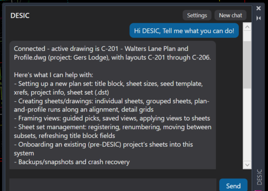 AI assistant named DESIC. The user message says 'Hi DESIC. Tell me what you can do!', and the AI responds with a list of capabilities related to project planning and drafting in a CAD program.
