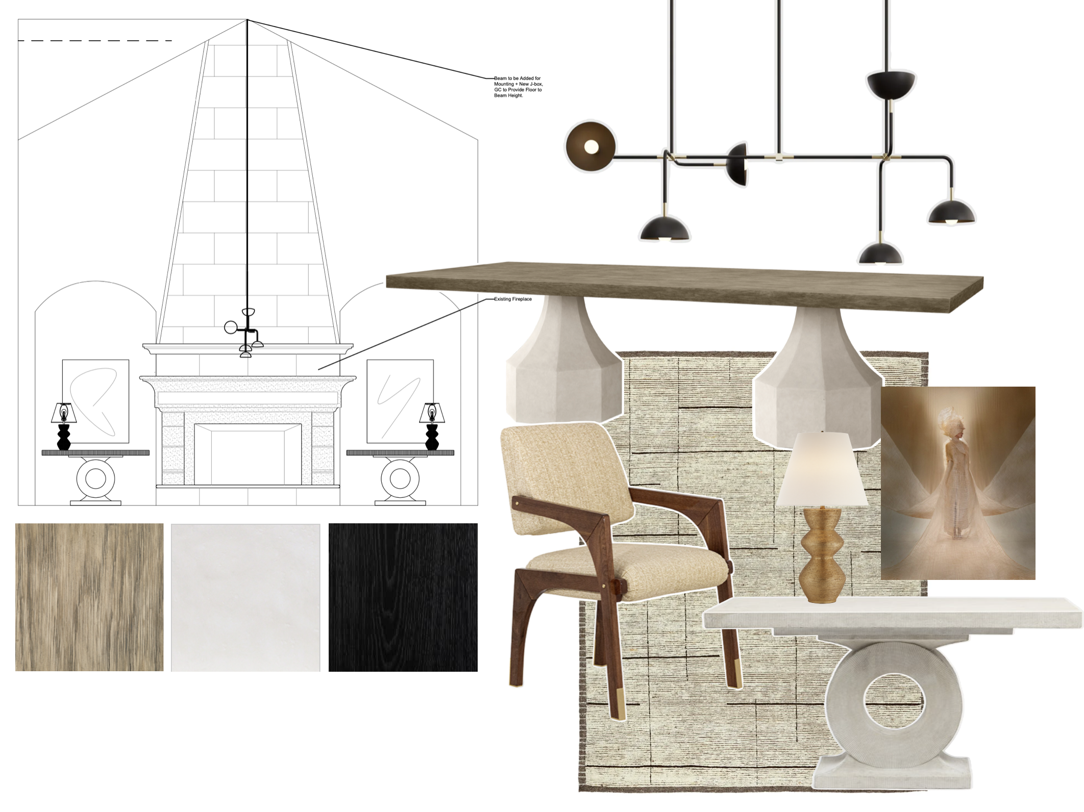Mondi, Luxury, Chicago, Denver, Austin, Texas, Residential Interior Design, Interior Designer, Design Firm, Renovation, Modern, Reimagined Modern, Floor plan, Mood board, rendering, dining room, neutrals, texture, fireplace