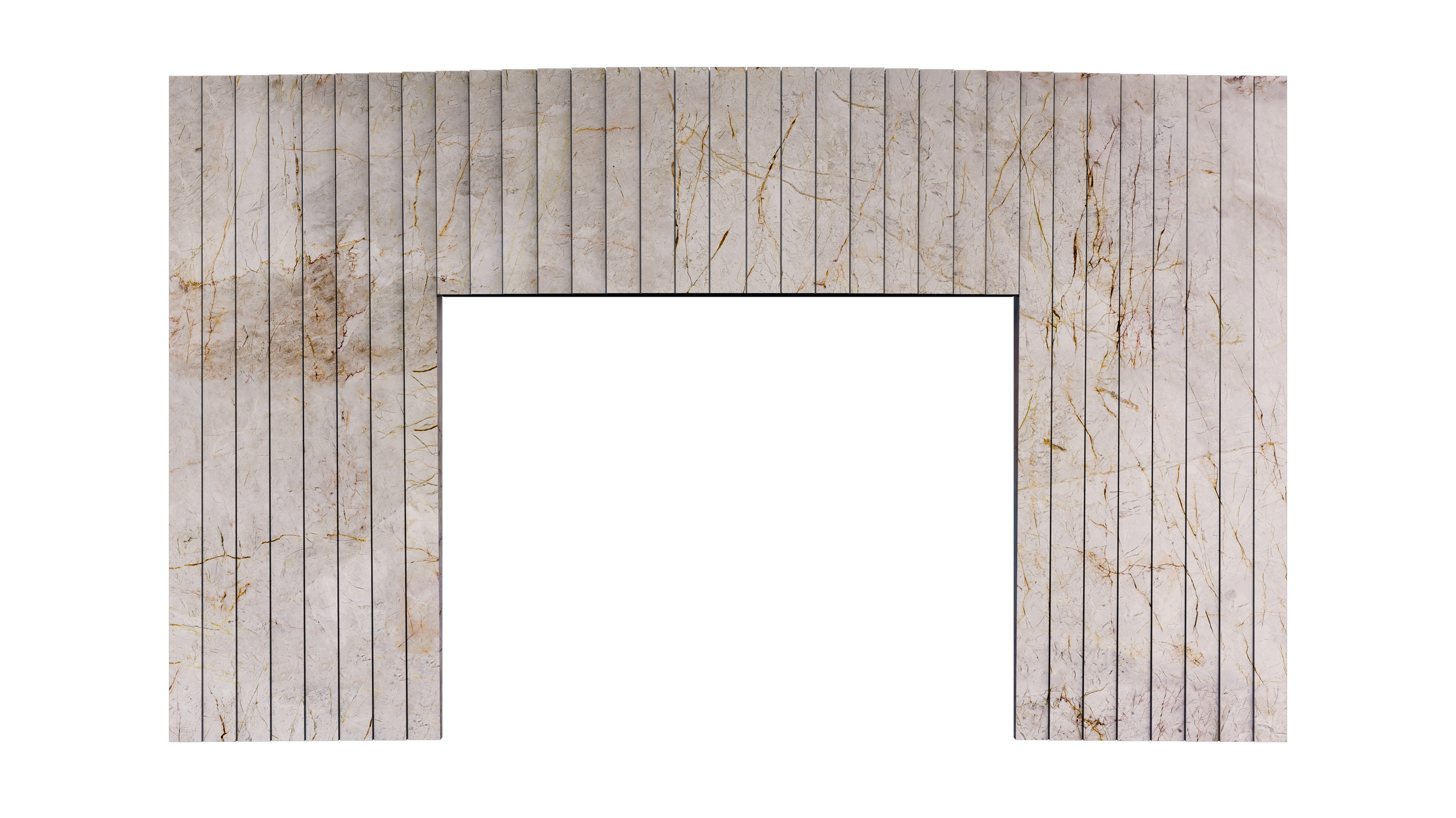 A marble fireplace with a rectangular opening surrounded by marble tiles with gold and gray veining.