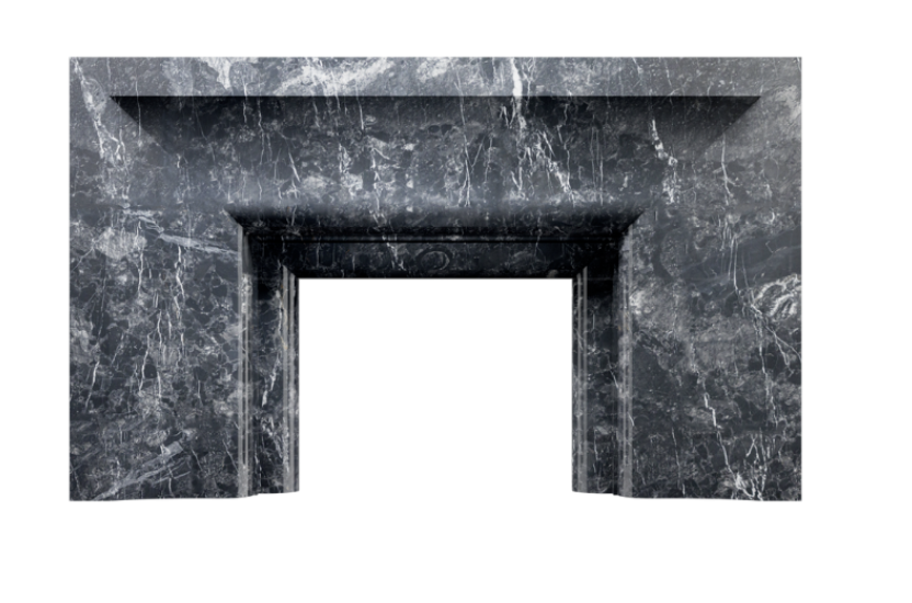 Close-up of a dark grey marble fireplace surround with visible white veining.