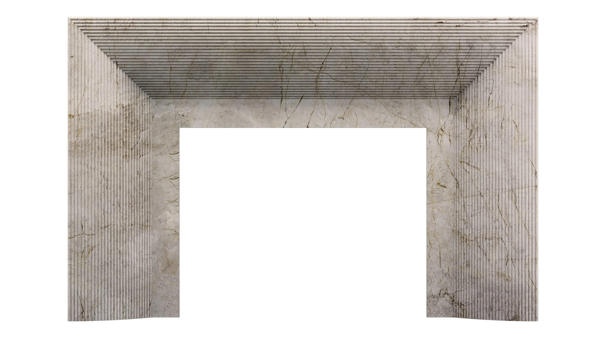 Marble fireplace mantel with ribbed and veined design.
